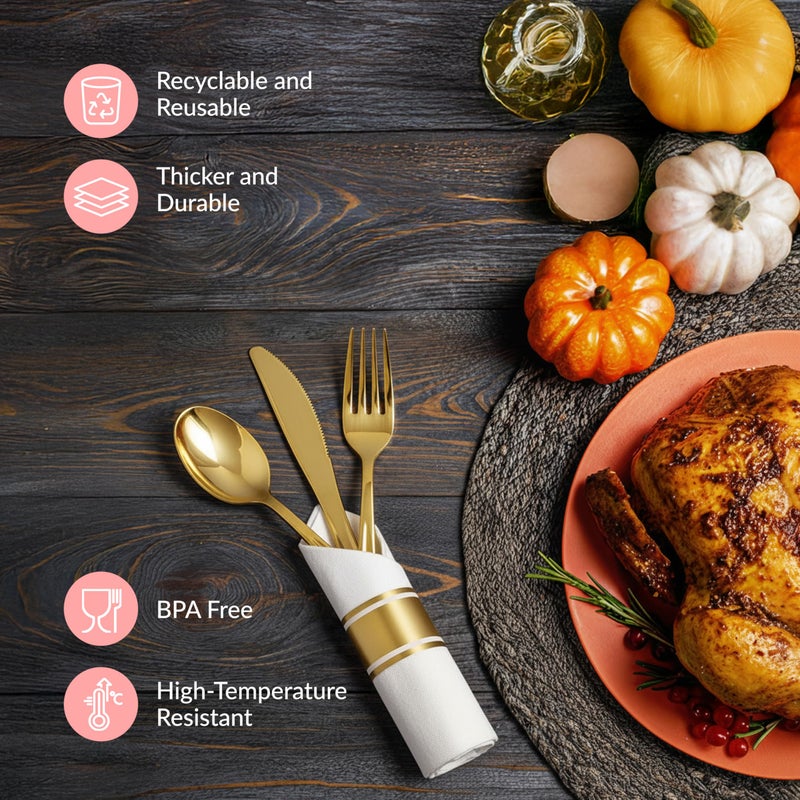 Prestee 200 Piece Gold Plastic Silverware Set for 50 Guests - Premium Pre Rolled Cutlery Set with Napkins - Elegant Disposable Silverware with Forks, Knives, and Spoons for Weddings and Thanksgiving - Image 5